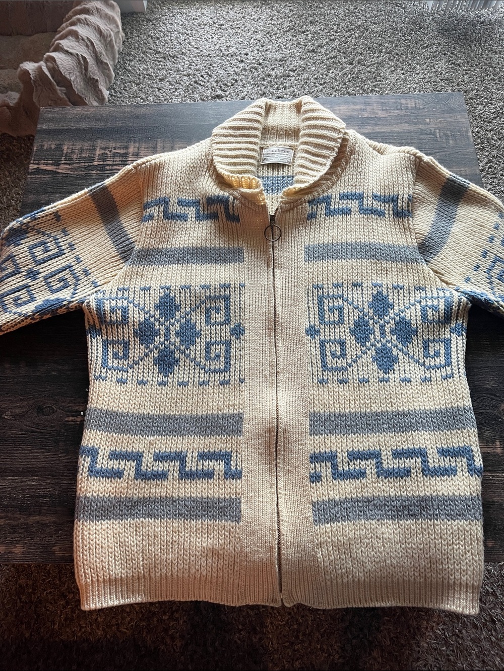 Pendleton Cream Zip-Up Sweater with Blue Geometric Pattern